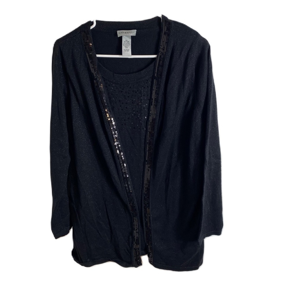 Catherines Sequin Black Sweater 0X 14/16W Formal Dressy Career Faux Cardigan
